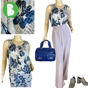 NOTATIONS SILVER, GRAY AND BLUE FLORAL PRINT SATIN TUNIC (XL)